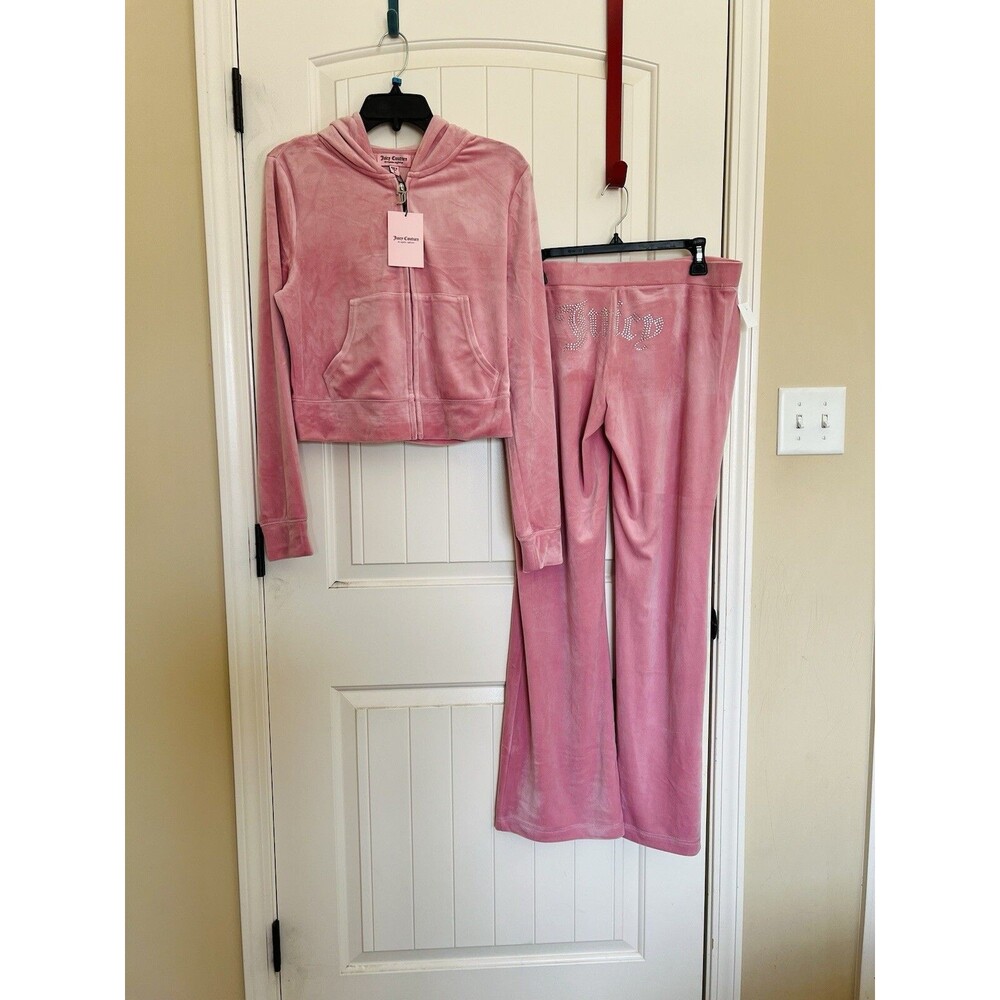 NWT! JUICY COUTURE Velour Bling Tracksuit Hoodie & Pant Rose Pink Size M